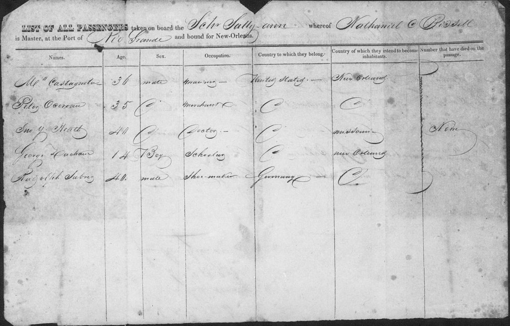 A black-and-white ship manifest of the Schooner Sally Ann, which sailed to New Orleans from Rio Grande, Mexico, in October 1826. The manifest contains the names of five passengers.